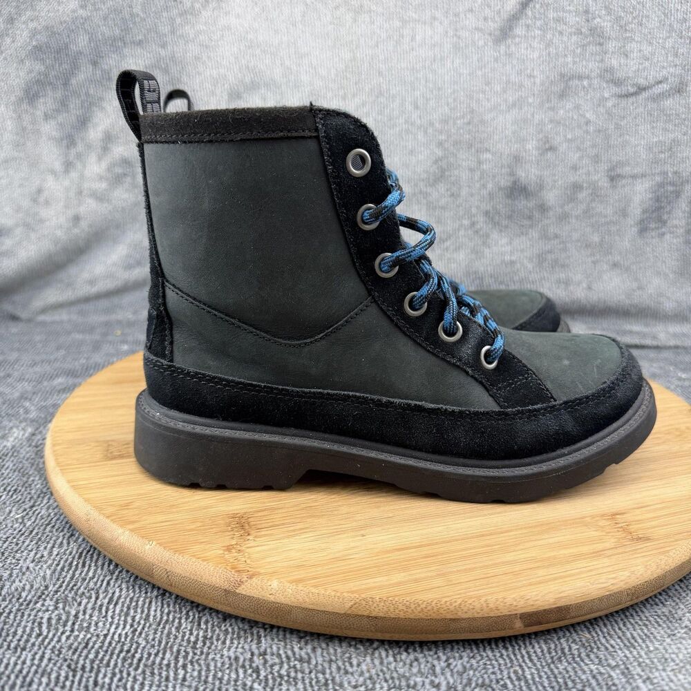 UGG Combat Boots Boys Size 2 Black Leather Lace Up Side Zip Winter 1112458K